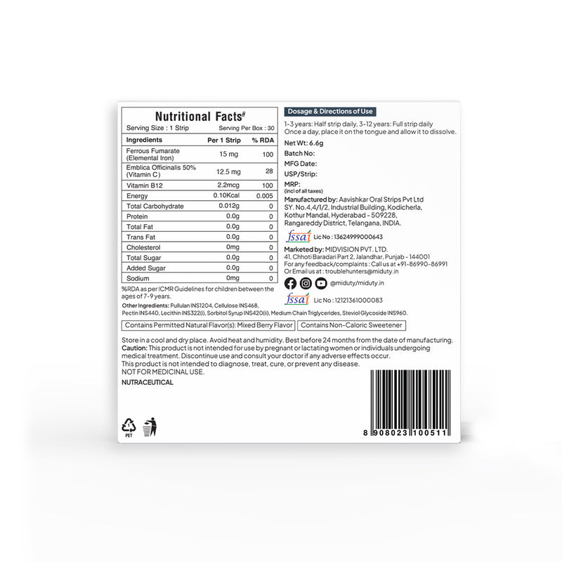 Miduty Kids Iron Oral Strip Nutritional facts label