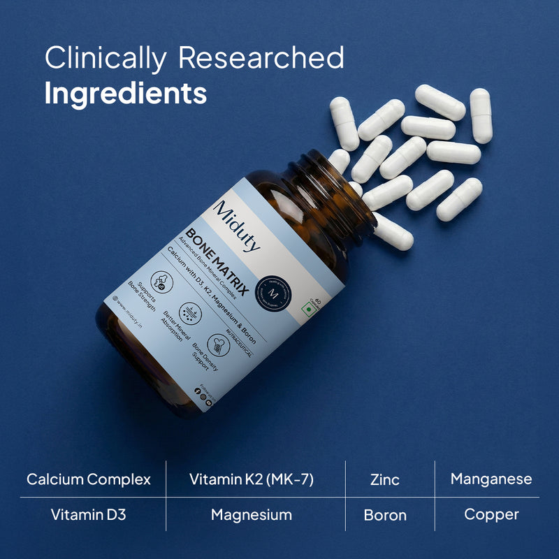 Ingredients in Miduty Bone Matrix, a Calcium citrate supplement with Vitamin D3, K2 and many more minerals