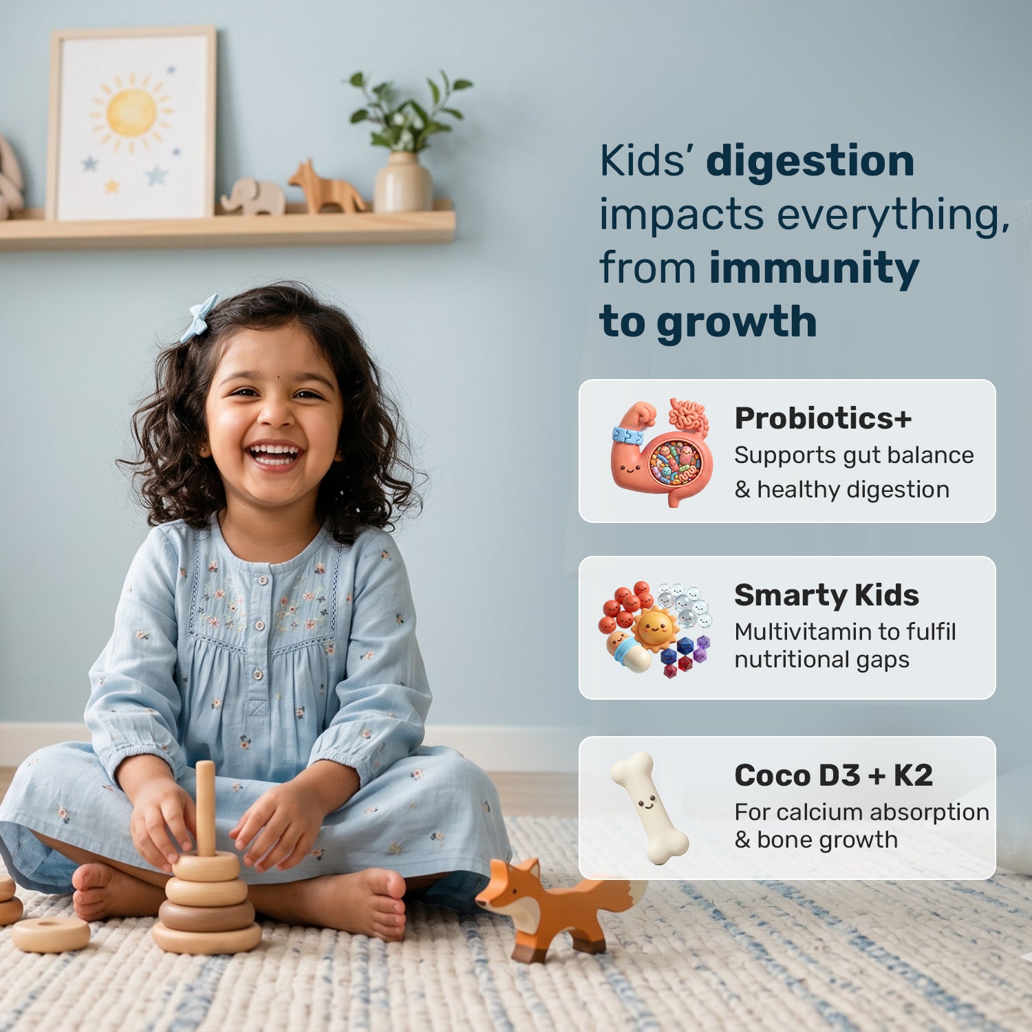 Child playing with wooden toys in a room with educational text about children's health and nutrition.