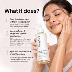 Woman holding a bottle of Miduty Deep Pore Cleansing Oil with product features listed on the left.-main