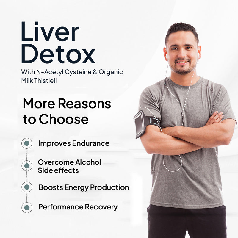 Showing benefits of Miduty Liver Detox  with N-Acetyl Cysteine and Organic Milk Thistle for Mens