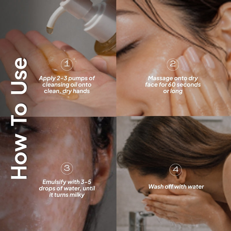 Step-by-step guide on how to use cleansing oil with close-up shots of application and washing.