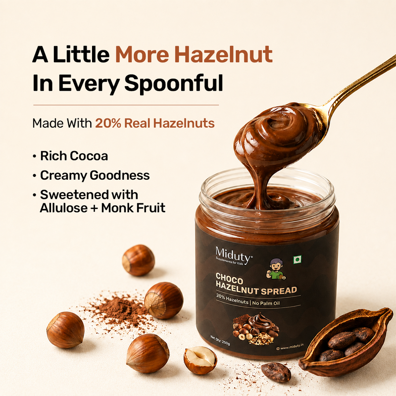 20% real hazelnuts in Miduty Choco hazelnut Spread