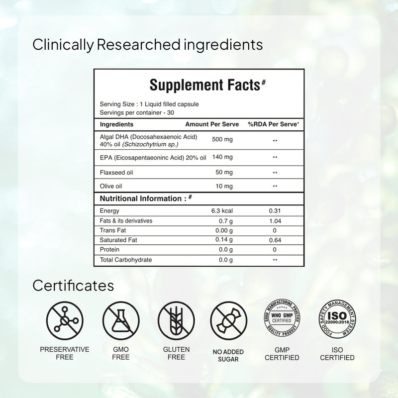 Miduty Veg Omega-3 Supplement facts label with clinical research ingredients.