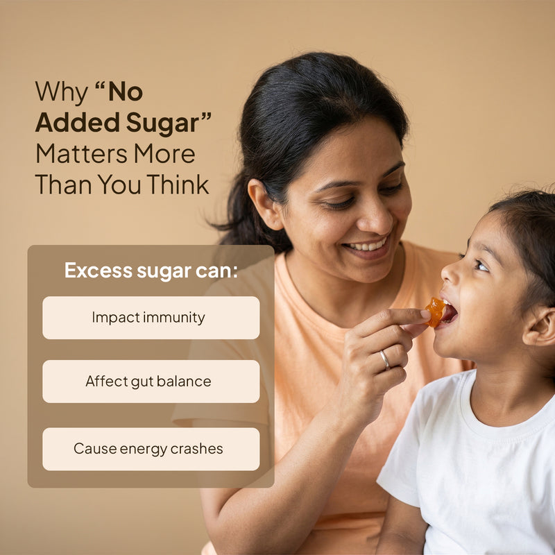 Woman feeding a child with text about the effects of excess sugar on health.