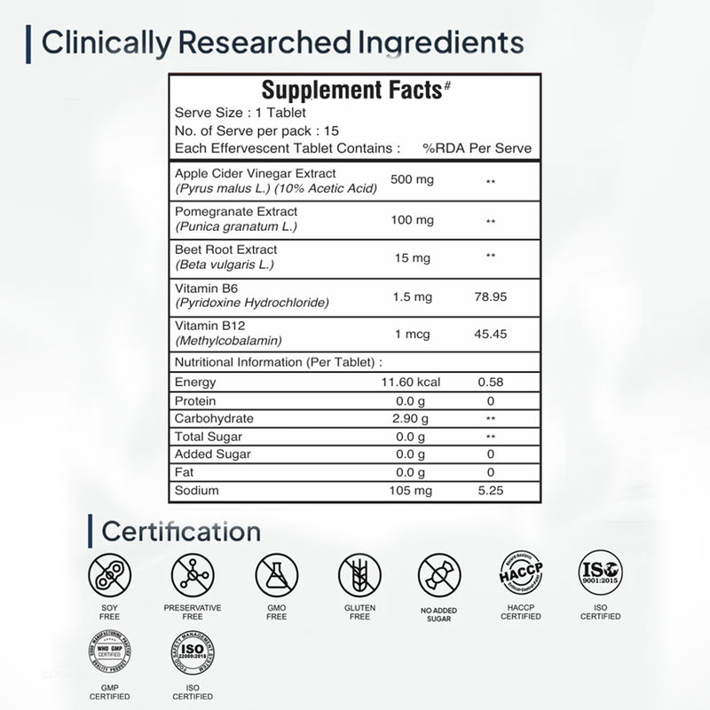 Apple Cider Vinegar Effervescent Tablets | 15 Tabs per Pack | Pack of 2