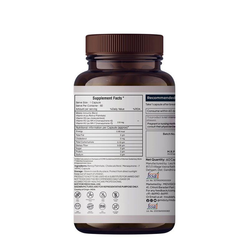 Supplement Facts of Miduty Vitamin A, D3 and K2 Capsules