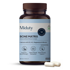 Bottle of Miduty Bone Matrix capsules supplement - A calcium citrate supplement with minerals complex-main