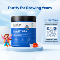 Miduty Smarty Kids supplement container with a QR code for Eurofins authenticity-main