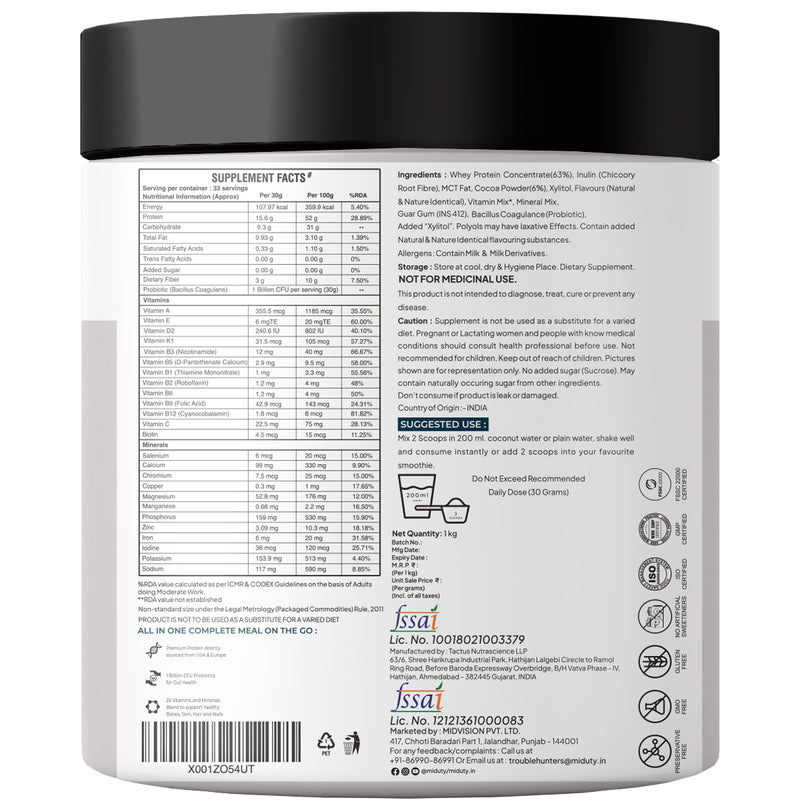 Supplement Facts of Miduty Protein Powder Supplement