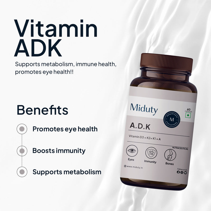 Highlighting Miduty Vitamin A.D.K supplement benefits like promotes eye health, boost immunity, supports metabolism