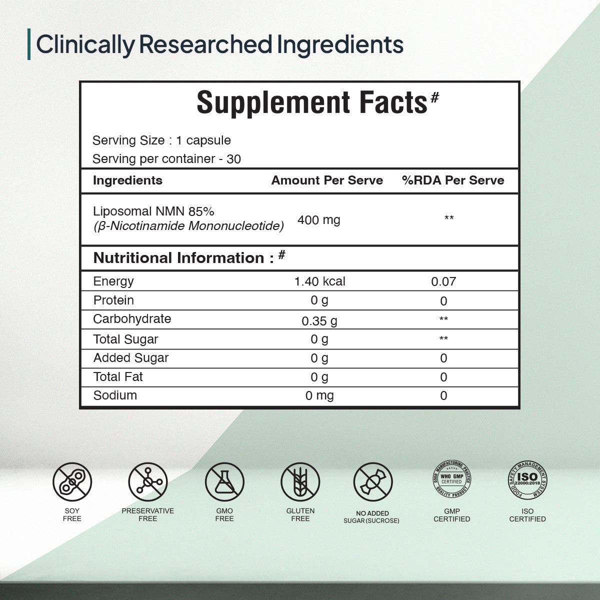 Liposomal NAM 85% Clinically Researched ingredients supplement facts