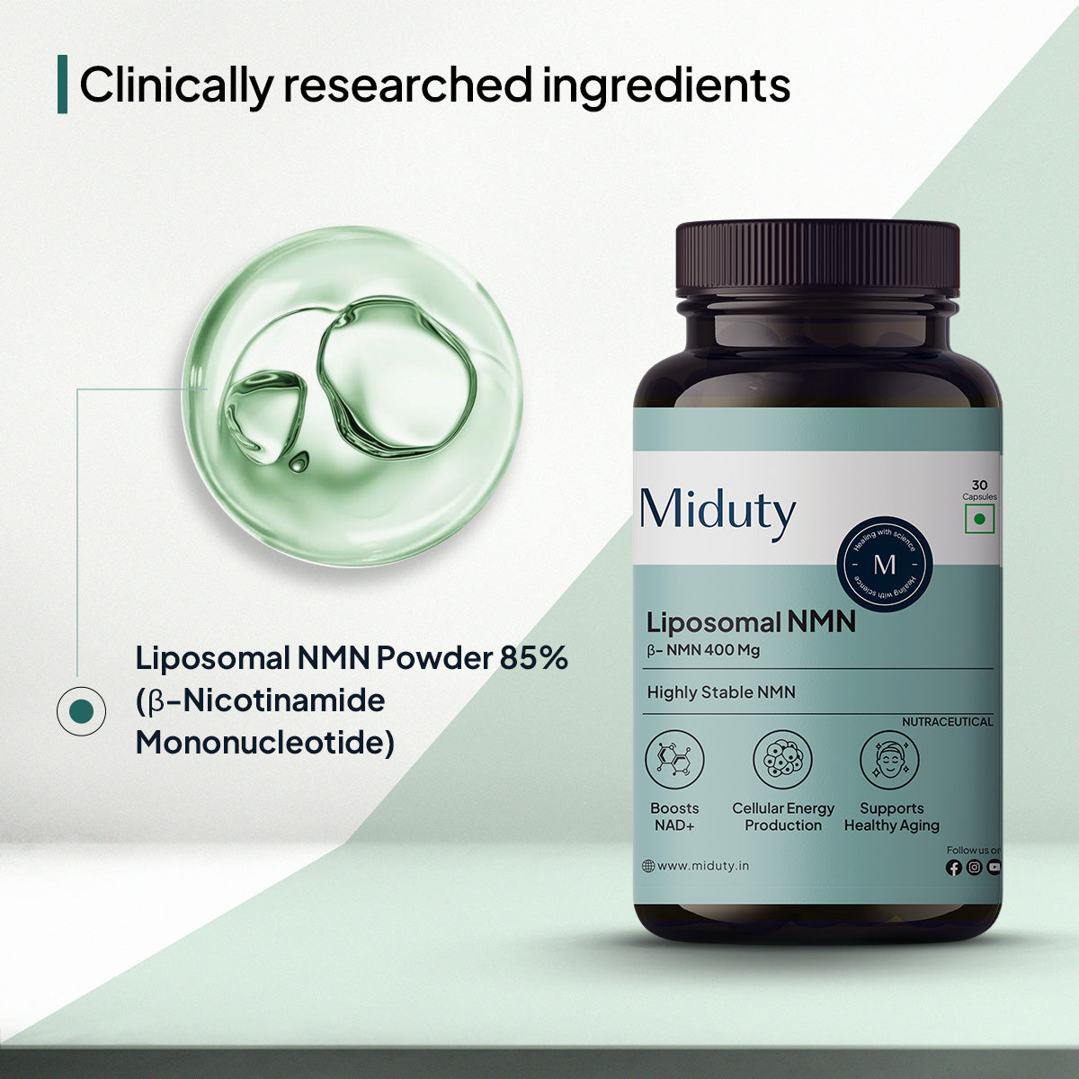 Miduty Liposomal NMN supplement bottle with green liquid droplet on a light gray background