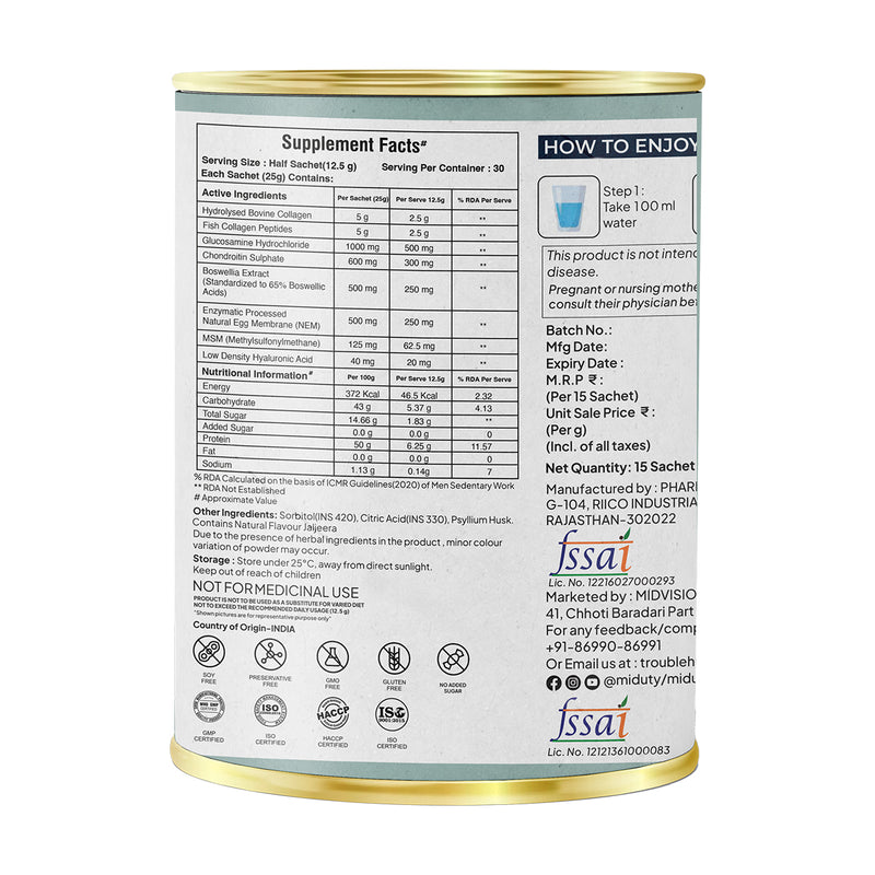 Miduty Supplement container with label showing supplement facts and how to consume instructions.