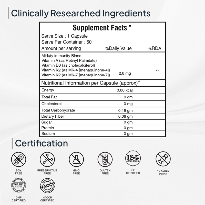 Supplement Facts of Vitamin A, D3 and K2 Tablets by Miduty