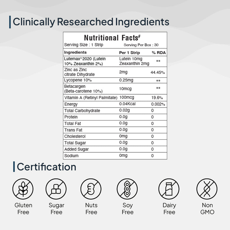 Miduty Eye Bright Jr. Nutritional facts label with ingredients and certification icons
