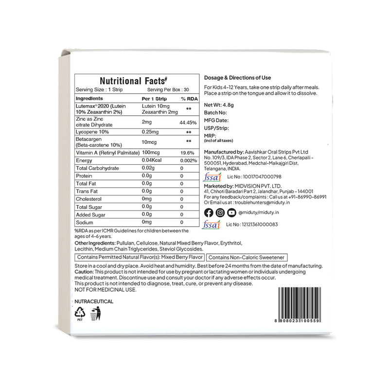 Miduty Eye Bright Jr. Nutritional Facts Label