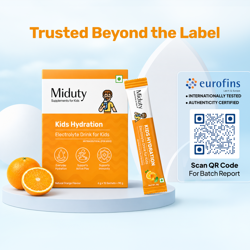 Miduty Kids Hydration electrolyte drink for kids with Eurofins QR code authenticity certification badge and headline 'Trusted Beyond the Label!'.