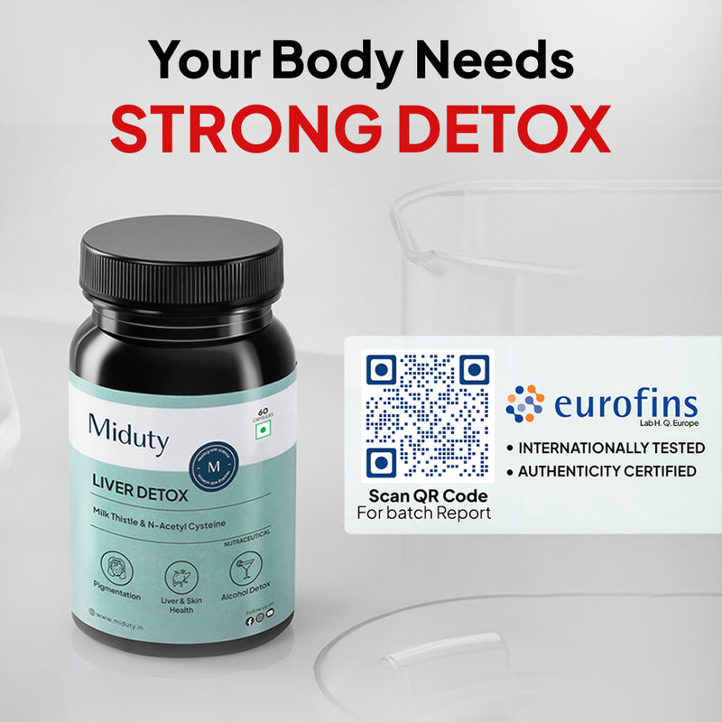 Miduty Best Liver Detox Supplement with EUROFINS QRCode highlighting product is tested and certified