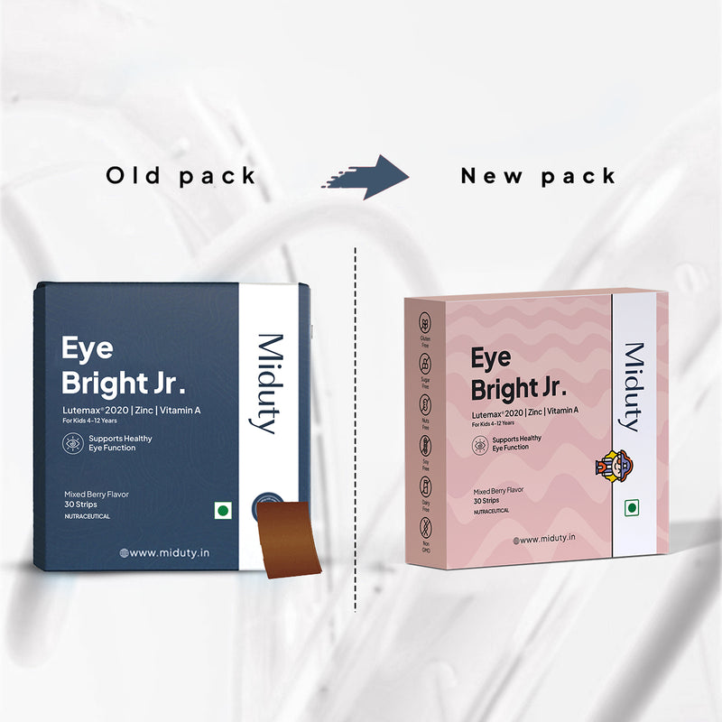 Showing Old and New packaging of Eye Bright Jr. by Miduty