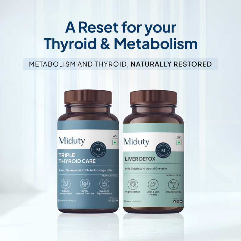 Two bottles of Miduty supplements for thyroid and metabolism on a light background
