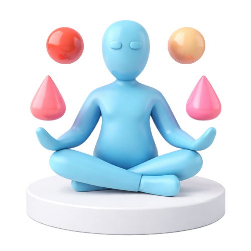 Blue meditating figure with colorful balls and drops on a white background