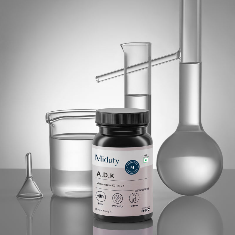 Miduty A.D.K supplement Bottle with laboratory equipment on a reflective surface, showing Science Backed