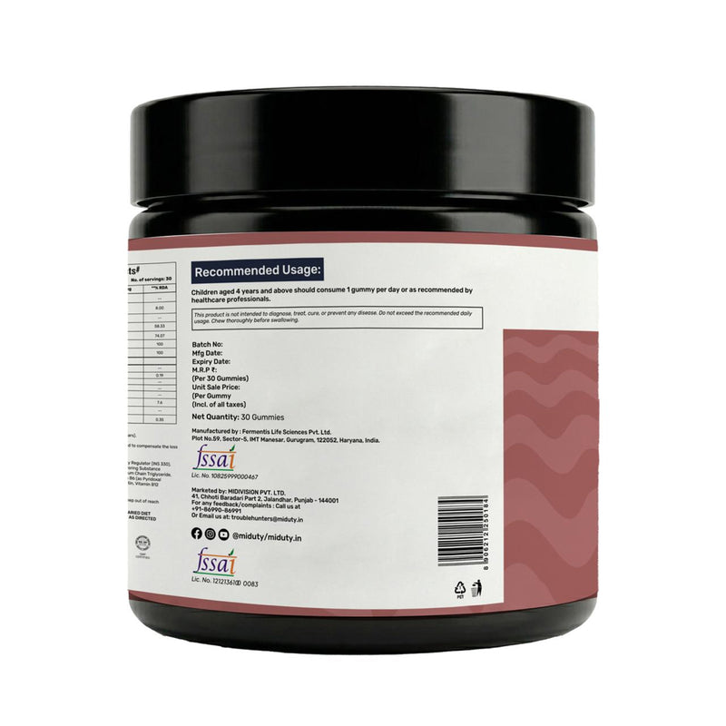 Back label of a b12 gummies supplement container showing recommended usage and other information