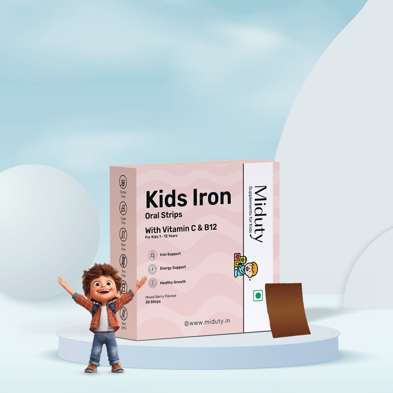 Showing Miduty Kids Iron Oral Strips with a child