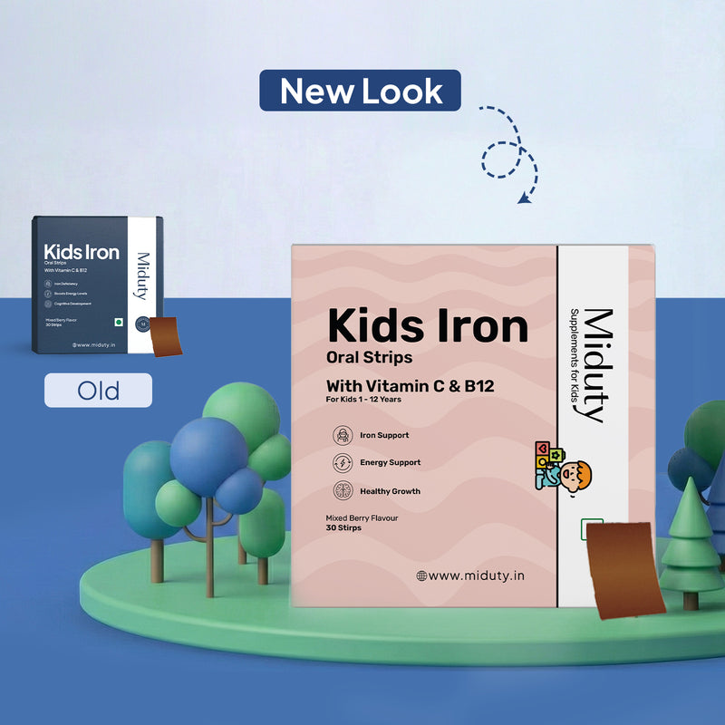 Showing Miduty Kids Iron Oral Strips packaging with 'Old' and 'New Look'
