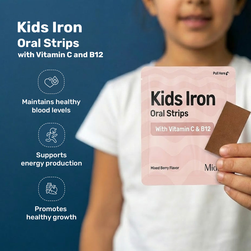 Child holding Miduty Kids Iron Oral Strips with Vitamin C and B12 highlighting benefits