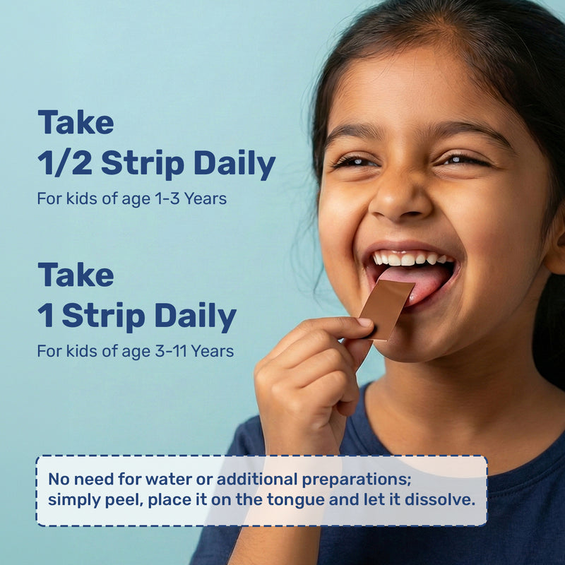 Showing girl enjoying Miduty Kids Iron Oral Strip along with daily dosage recommendation