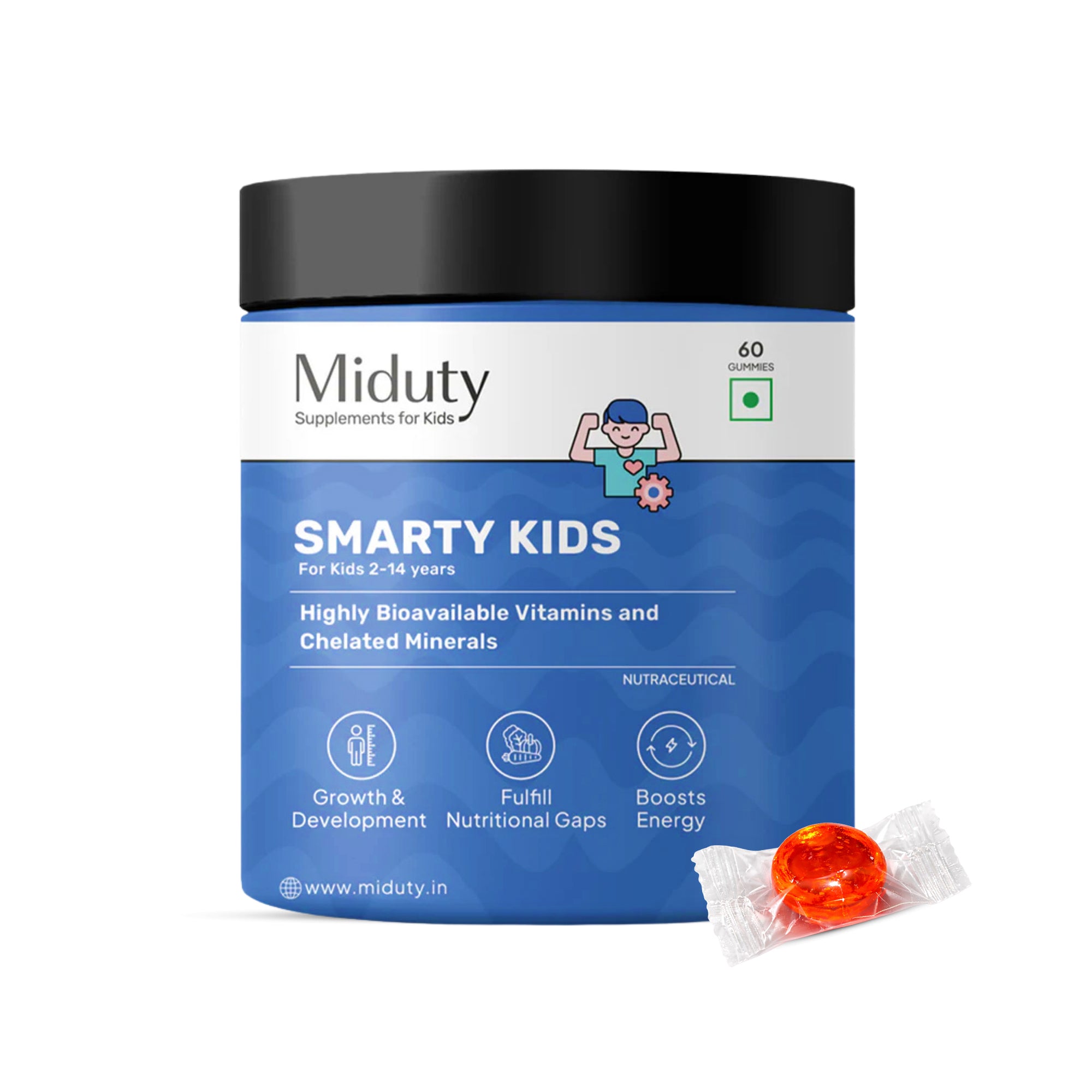 Miduty Smarty Kids supplement container with a gummy